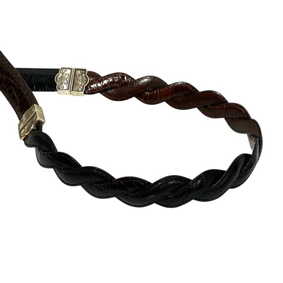 Dark brown & black reversible belt moc croc texture braided silver buckle 30" - Picture 8 of 9